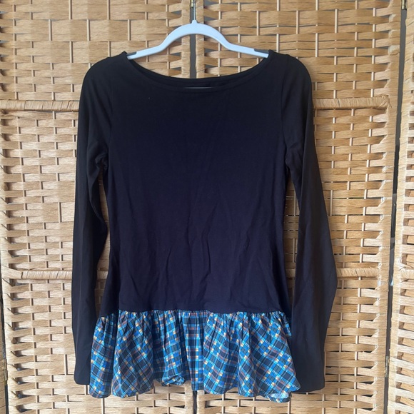 NWT Anthropologie Maeve Long Sleeve Peplum Top Black Plaid Cotton Stretch Small - Picture 2 of 4